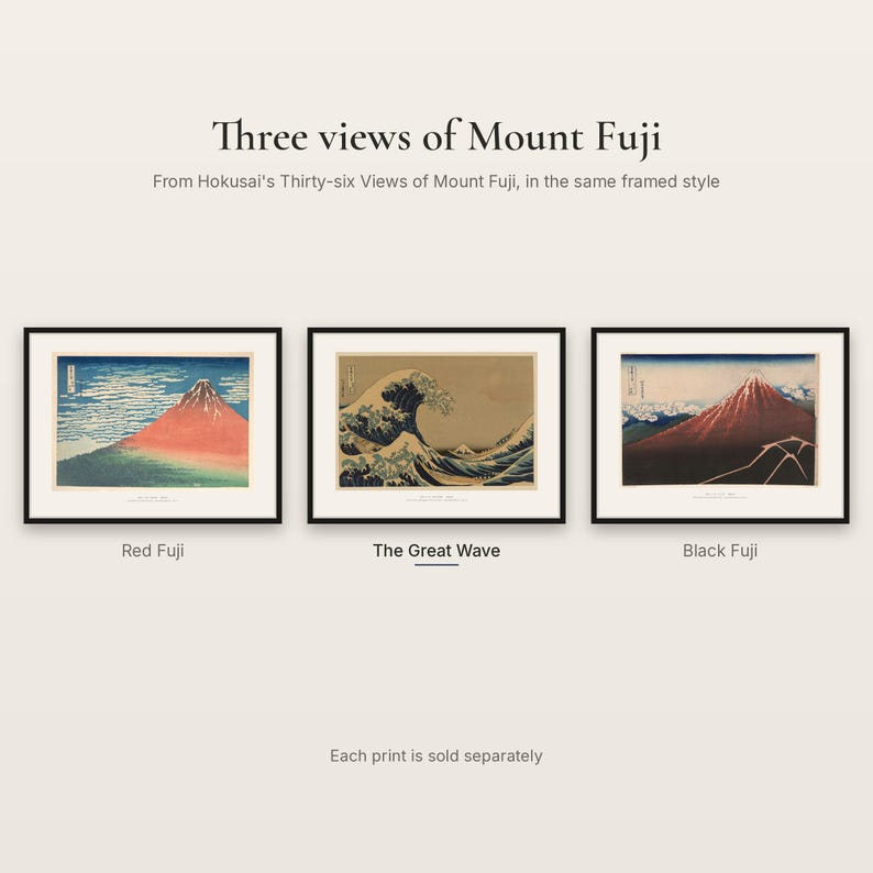 Three views of Mount Fuji from Hokusai's Thirty-six Views of Mount Fuji in the same framed style: Red Fuji, The Great Wave and Black Fuji, each sold separately