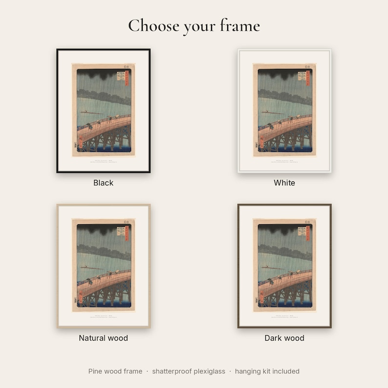 The print shown in the four frame colors: black, white, natural wood and dark wood