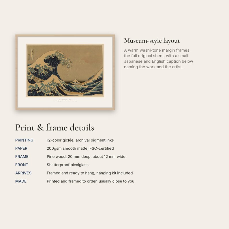 Museum-style layout with a washi-tone margin and a small Japanese and English caption, with print and frame details