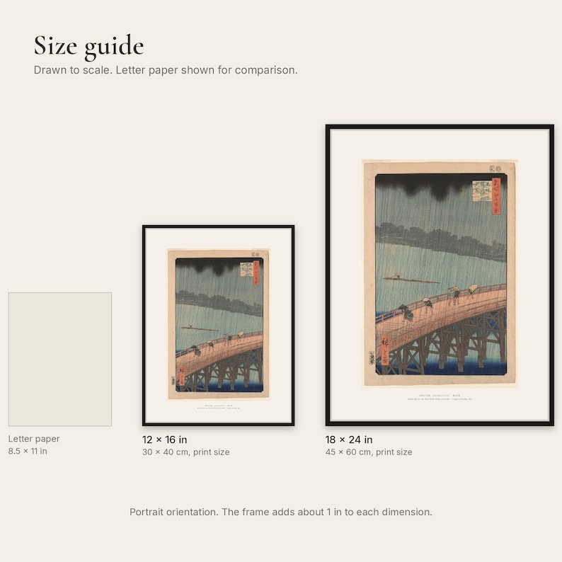 Size comparison of the 12x16 and 18x24 inch framed prints next to a sheet of letter paper