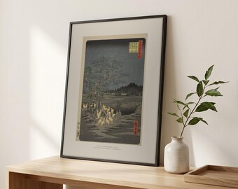 Fox Fires Framed Print – Hiroshige Ukiyo-e Japanese Woodblock Giclée Art, Ready to Hang