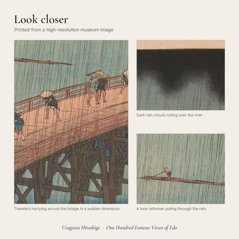 Close-up details of the print: travelers hurrying across the bridge in the rain, the fine lines of rain against the dark sky, and the raftsman on the river