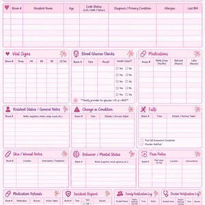Puede incluir: Un formulario de informe de turno de enfermería en color rosa con detalles florales. El documento incluye secciones para signos vitales, controles de glucosa, medicamentos, estado del residente, caídas, notas de piel e informes de incidentes.