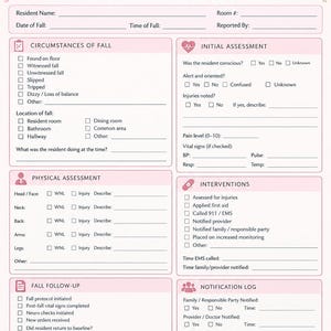 Puede incluir: Una hoja de trabajo LTC After a Fall en rosa y blanco con detalles florales. El formulario incluye secciones para datos del residente, circunstancias de la caída, evaluación inicial, física, intervenciones, seguimiento y registro.