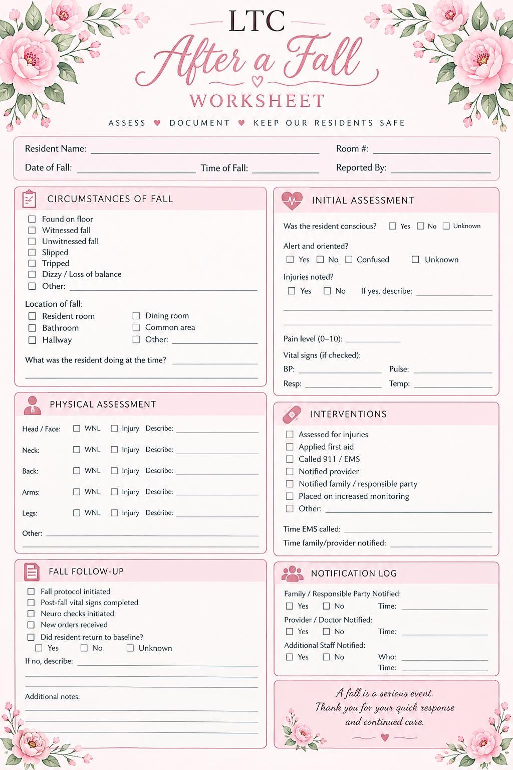 Nursing Documentation Printable: LTC After a Fall Worksheet, Pink ...