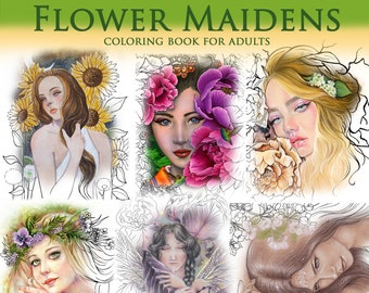 FAEsthetics Vol.2  Flower Maidens - downloadable PDF collaborative colouring book, 24 designs, fantasy portrait colouring page