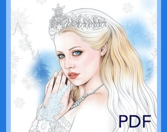 May include: A digital PDF coloring book cover titled "Winter Colouring Book" with a portrait of a woman with blonde hair and a winter-themed crown. The cover also includes the text "A collection of 20 winter themed images" and the author's name, Mayumi Ogihara.