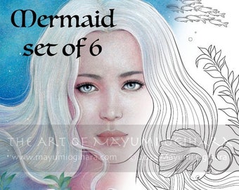 Mermaid line art and greyscale set of 6 designs 12 images by Mayumi Ogihara - fantasy portrait colouring page