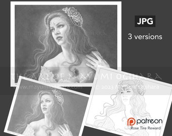 Elegance- VARIATION PACK - by Mayumi Ogihara, set of 3, greyscale, line art, pdf, fantasy portrait colouring page