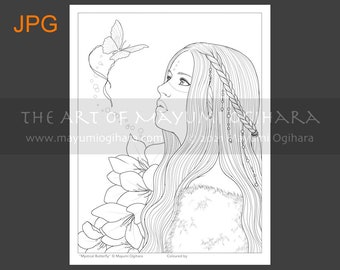 Mystical Butterfly - LINE ART - by Mayumi Ogihara, witch, Halloween, fantasy portrait colouring page