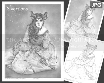 Gothic Enchantress - VARIATION PACK - by Mayumi Ogihara, set of 3, line art, light & dark greyscale, JPG, fantasy portrait colouring page