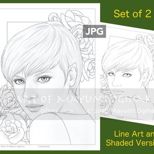 May include: A black and white line art drawing of a woman with short hair and a flower crown. The drawing is labeled "Summer Pixie" and is by Mayumi Ogihara. The image is part of a set of two, including a shaded version.