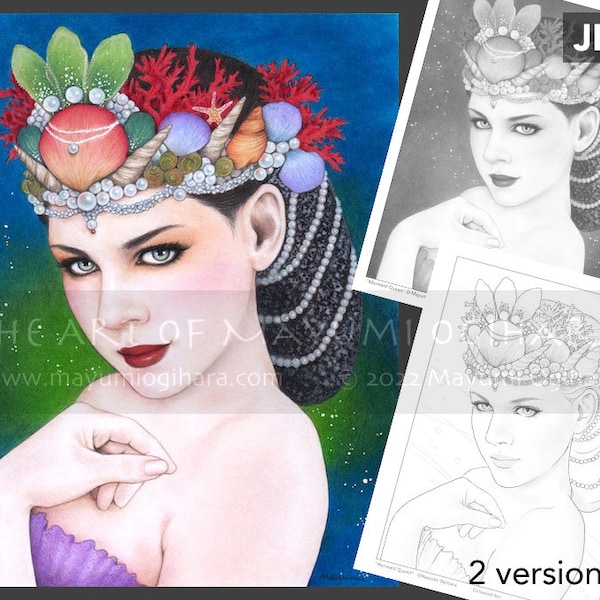 Mermaid Queen - 2 version set - by Mayumi Ogihara, fantasy portrait colouring page