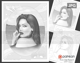 Born from the Ocean - VARIATION PACK - by Mayumi Ogihara, set of 3, line art, light & dark greyscale, JPG, fantasy portrait colouring page