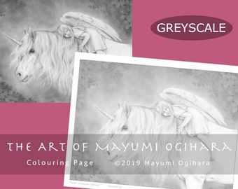 Pure by Mayumi Ogihara - GREYSCALE, fantasy colouring page, angel, unicorn