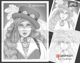 Steampunk Masquerade - VARIATION PACK - by Mayumi Ogihara, set of 3, line art, light & dark greyscale, JPG, fantasy portrait colouring page