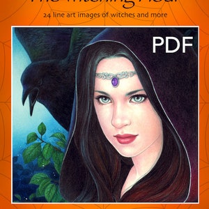 The Witching Hour line art colouring book by Mayumi Ogihara 24 designs, PDF, fantasy portrait colouring page image 1