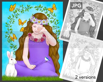Little Forest Nymph - 2 version set - by Mayumi Ogihara, fantasy portrait colouring page
