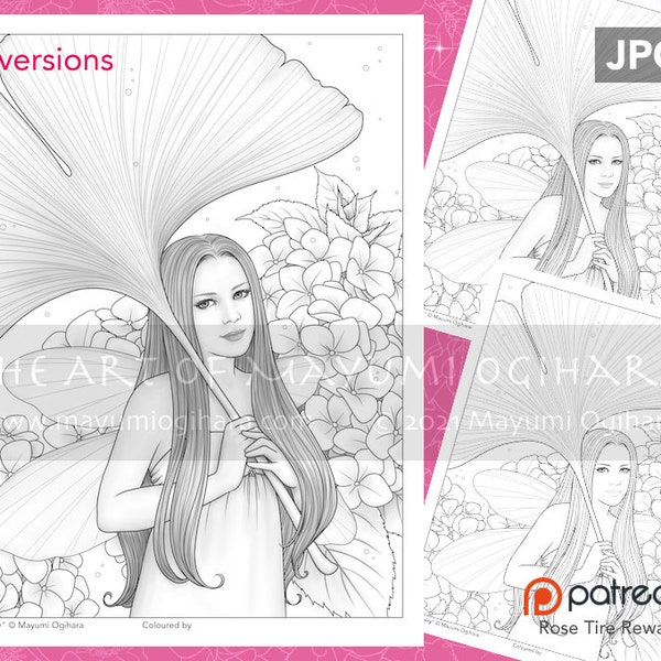 Rain Fairy - VARIATION PACK - by Mayumi Ogihara, set of 3, greyscale, semi-shaded, line art, JPG, fantasy portrait colouring page