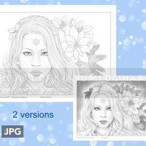 Snow Land Elf - VARIATION PACK - by Mayumi Ogihara, set of 2, line art, light and dark greyscale JPG, fantasy colouring page