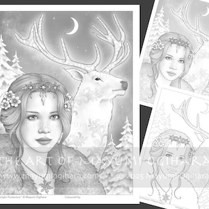 May include: Black and white illustration of a woman with a deer, a crescent moon, and pine trees. The woman wears a floral crown and a snowflake pendant. The text reads "THE ART OF MAYUMI OGIHARA" and "Snowlight Protectors".