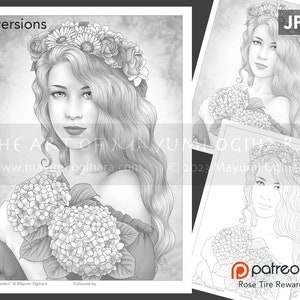 Könnte beinhalten: Eine schwarz-weiße digitale Illustration einer Person mit langem, welligem Haar, die einen Blumenkranz trägt und große Hortensienblüten hält. Das Bild enthält den Text 3 versions, JPG, THE ART OF MAYUMOGIHARA und patreon Rose Tire Reward.