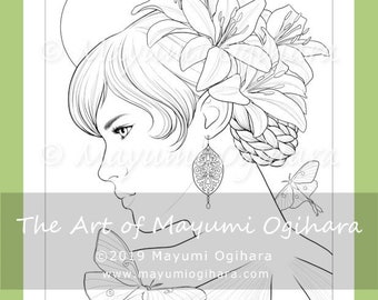 Lily by Mayumi Ogihara - fantasy portrait colouring page, flowers