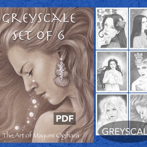 Greyscale Pack Set of 6 by Mayumi Ogihara, PDF, fantasy portrait colouring page image 1