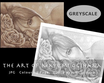Spring Rose by Mayumi Ogihara - fantasy portrait colouring page