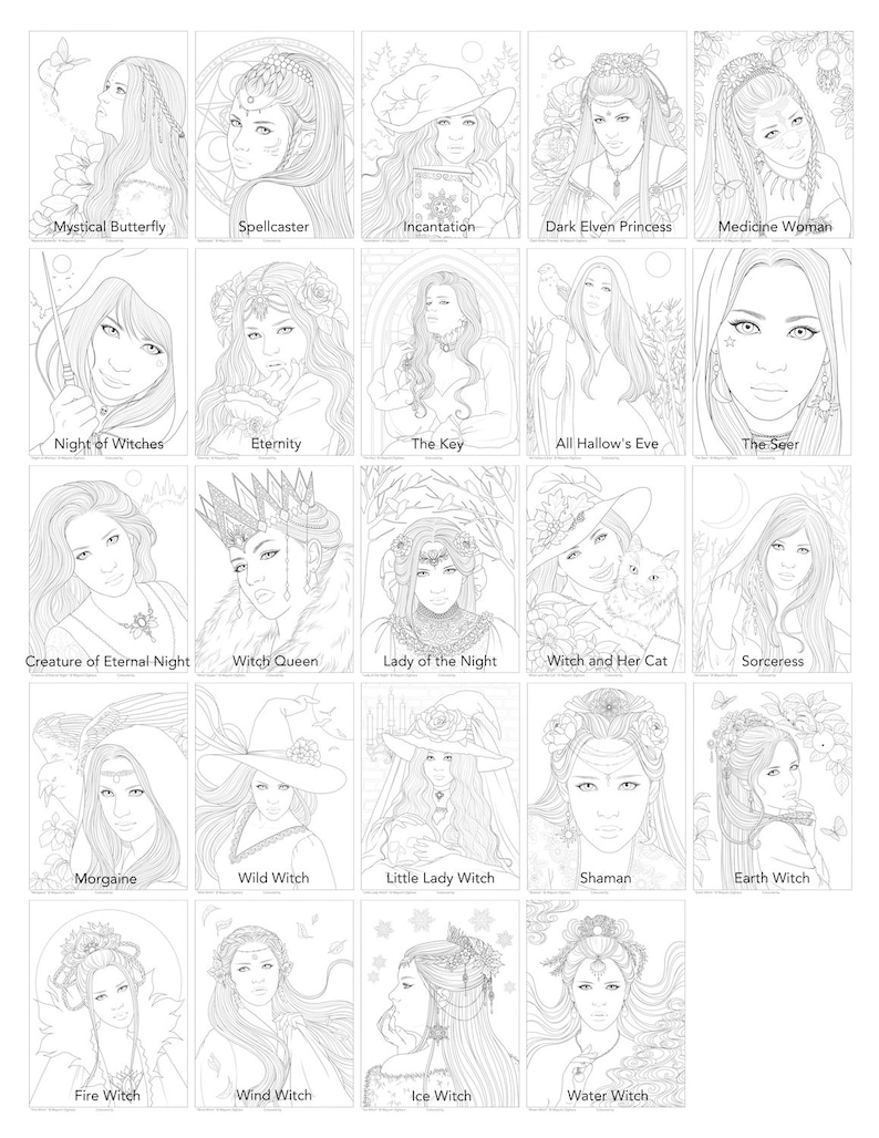 The Witching Hour line art colouring book by Mayumi Ogihara 24 designs, PDF, fantasy portrait colouring page image 2