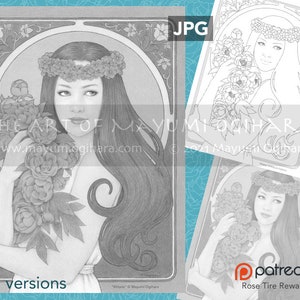 Puede incluir: Un dibujo en blanco y negro de una mujer con el pelo largo que lleva una corona de flores y sostiene un ramo de flores. El dibujo es de estilo Art Nouveau. El texto "The Art of Mayumi Ogihara" y "www.mayumiogihara.com" están en la parte inferior de la imagen.