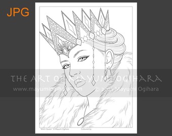 Witch Queen - LINE ART - by Mayumi Ogihara, witch, Halloween, fantasy portrait colouring page