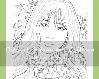 Bleeding Heart by Mayumi Ogihara - fantasy portrait colouring page, flowers