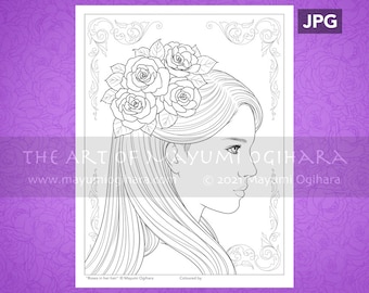 Roses in her hair - LINE ART - Mayumi Ogihara, fantasy portrait colouring page