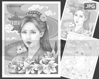 Chinese Zodiac: Rat - VARIATION PACK - by Mayumi Ogihara, set of 3, line art, light & dark greyscale, fantasy portrait colouring page