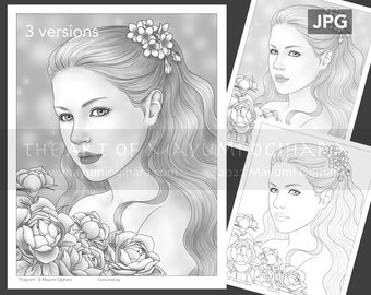 Fragrant - VARIATION PACK - by Mayumi Ogihara, set of 3, line art, light & dark greyscale, JPG, fantasy portrait colouring page