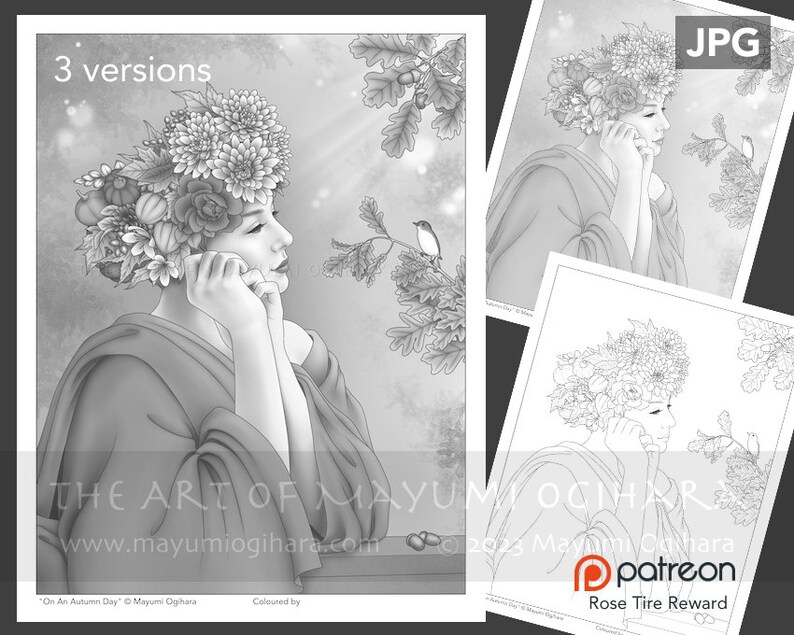 On An Autumn Day VARIATION PACK by Mayumi Ogihara, set of 3, line art, light & dark greyscale, fantasy portrait colouring page image 1