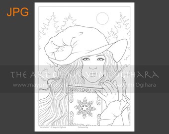Incantation - LINE ART - by Mayumi Ogihara, witch, Halloween, fantasy portrait colouring page