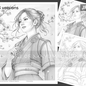 以下が含まれることがあります： 伝統的な衣装を着た女性が装飾的なメダルを持っている白黒イラスト。画像には、背景に桜の枝があり、アートワークの3つのバージョンが含まれています。「THE ART OF MAYUMI OGIHARA」と「Petals and Precision」のテキストが含まれています。