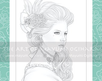 Rococo Steampunk - line art with light shading - by Mayumi Ogihara, fantasy portrait colouring page