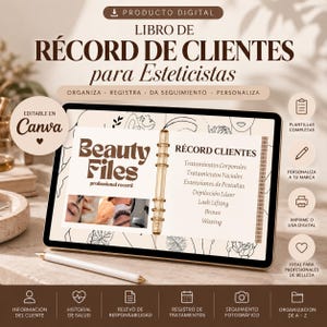 Puede incluir: Un libro de registro de clientes digital para esteticistas en una pantalla de tableta. La interfaz muestra el texto Beauty Files, professional record y Récord Clientes, con secciones para tratamientos corporales, faciales, pestañas y depilación.