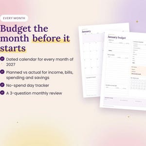 Pode incluir: Um conjunto de planejador de or&ccedil;amento 2027 com calend&aacute;rio mensal e folhas de rastreamento. O texto inclui: Every month, Budget the month before it starts, Dated calendar for every month of 2027, Planned vs actual, No-spend day tracker e 3-question monthly review.