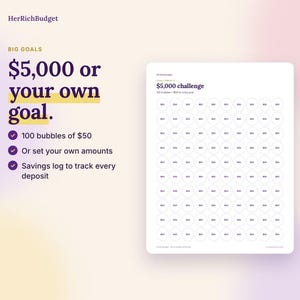 Puede incluir: Una hoja de seguimiento de ahorros titulada $5,000 challenge con 100 c&iacute;rculos para registrar dep&oacute;sitos. El texto dice HerRichBudget, $5,000 or your own goal, 100 bubbles of $50, or set your own amounts, y savings log to track every deposit.