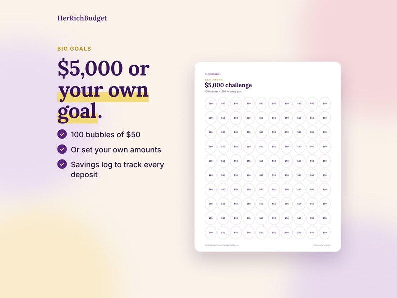 Puede incluir: Una hoja de seguimiento de ahorros titulada $5,000 challenge con 100 c&iacute;rculos para registrar dep&oacute;sitos. El texto dice HerRichBudget, $5,000 or your own goal, 100 bubbles of $50, or set your own amounts, y savings log to track every deposit.