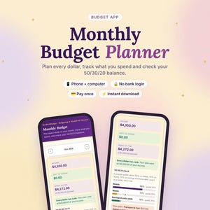 Pode incluir: Um aplicativo digital de planejamento de orçamento mensal exibido em dois smartphones. A interface apresenta texto incluindo Monthly Budget Planner, 50/30/20 balance, Phone + computer, No bank login, Pay once e Instant download.