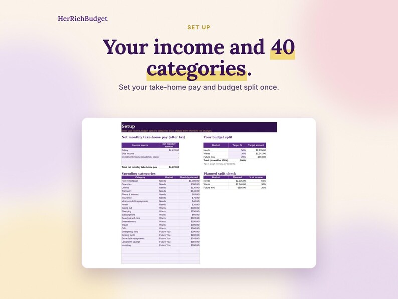May include: A digital budget spreadsheet titled HerRichBudget with the text Your income and 40 categories. The interface displays sections for net monthly take-home pay, budget split, spending categories, and a planned split check table.