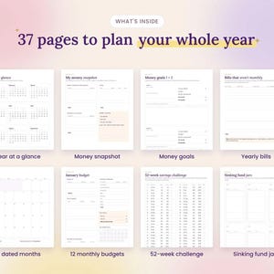 Pode incluir: Um conjunto de planejador digital com 37 p&aacute;ginas para organizar o ano todo. O layout inclui se&ccedil;&otilde;es para vis&atilde;o geral anual, resumo financeiro, metas, contas anuais, 12 meses datados, 12 or&ccedil;amentos mensais, desafio de 52 semanas e fundos de reserva.