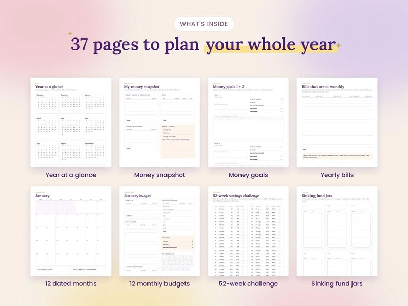 Pode incluir: Um conjunto de planejador digital com 37 p&aacute;ginas para organizar o ano todo. O layout inclui se&ccedil;&otilde;es para vis&atilde;o geral anual, resumo financeiro, metas, contas anuais, 12 meses datados, 12 or&ccedil;amentos mensais, desafio de 52 semanas e fundos de reserva.