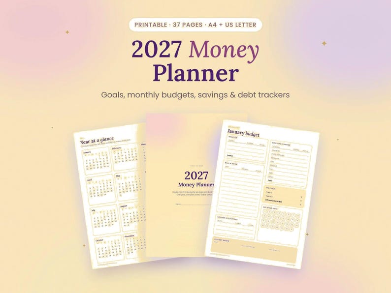 Pode incluir: Um conjunto de planejador financeiro 2027 imprim&iacute;vel com 37 p&aacute;ginas nos formatos A4 e US letter. Inclui um calend&aacute;rio anual, uma p&aacute;gina de capa e um rastreador de or&ccedil;amento de janeiro com se&ccedil;&otilde;es para metas, poupan&ccedil;as e d&iacute;vidas.