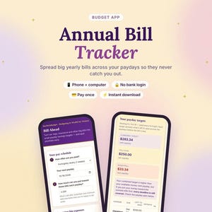 May include: A digital Annual Bill Tracker budget app interface displayed on two smartphones. The screen shows text including "Bill Ahead," "Your pay schedule," and "Your payday targets" with financial data fields and a soft yellow background.